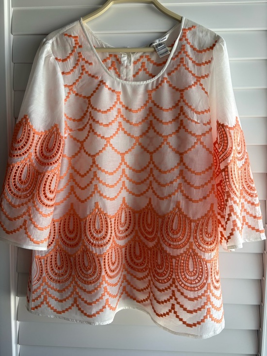 Blue Tassel Tops - Women's Silk  White Blouse with Orange Embroidered Pattern